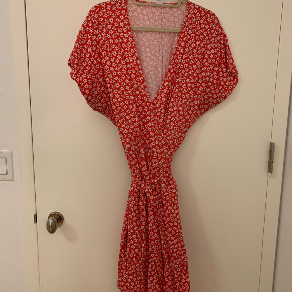 Red Floral Cotton Wrap Dress